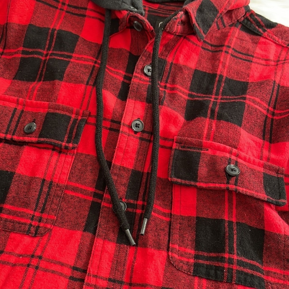 Hooded Plaid Long Sleeve - Red/Black [1X-3X]